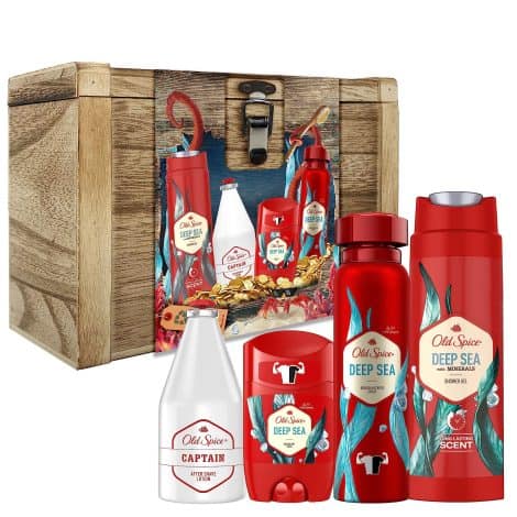 Old Spice Gift Box for Father’s Day, featuring Deep Sea Deodorant Stick, Deodorant Spray, Shower Gel, and Captain Aftershave.