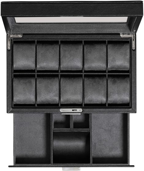 ROTHWELL 10 Slot Watch Box with Valet Drawer – Elegant Watch Case Display Organizer, Luxurious Microsuede Interior, Jewelry Holder With Spacious Glass Lid (Black/Grey)