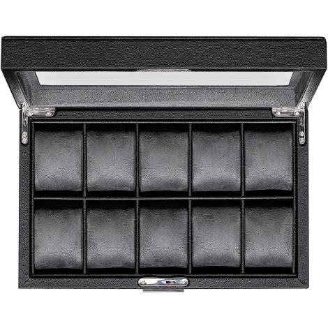 ROTHWELL 10-Slot Leather Watch Box – Premium Watch Case Showcase, Exquisite Microsuede Lining, Secure Jewelry Timepiece Holder with Spacious Glass Lid (Black/Grey)