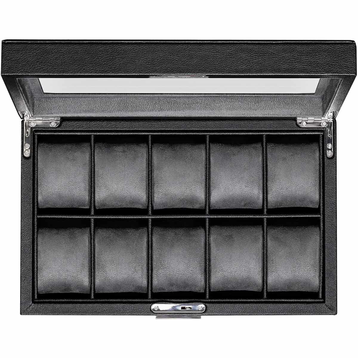 ROTHWELL 10 Slot Leather Watch Box - Luxury Watch Case Display Organizer, Ultra Soft Microsuede Liner, Locking Jewelry Watches Holder With Large Glass Top (Black/Grey)