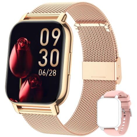 Popglory Smart Watch for both genders; enables call answering/making, with 1.85″ smartwatch screen, 2 straps & split view; tracks 100+ sports. Monitors blood pressure/oxygen/heart rate on iOS and Android.