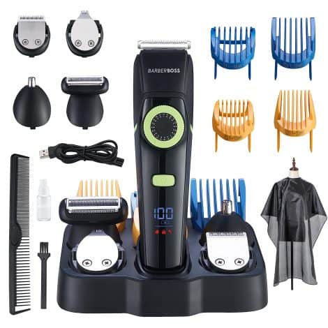 The British English paraphrase for the product name would be: BarberBoss Men’s Hair Clippers, Facial Hair Shaver, Ear and Nostril Trimmer Set, Adjustable Dial, Ceramic Blade, 4 Attachable Combs, Waterproof, LED Screen, QR-6085.