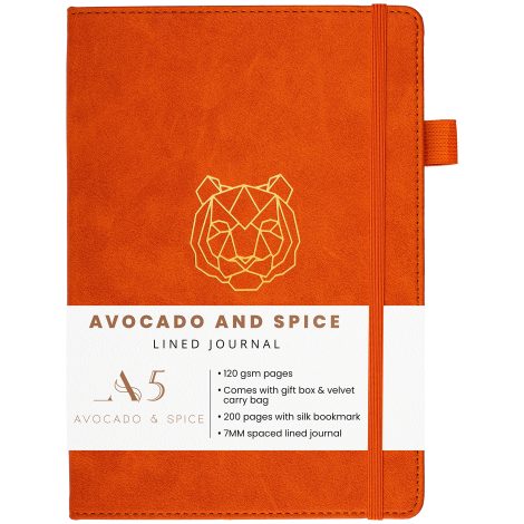 Avocado and Spice® presents a premium A5 notebook complete with a gift box and velvet bag. This elegant journal is designed for both men and women, featuring a hard back cover and 200 thick lined pages in vibrant orange. Ideal for travel, this A5 notebook is your perfect companion.