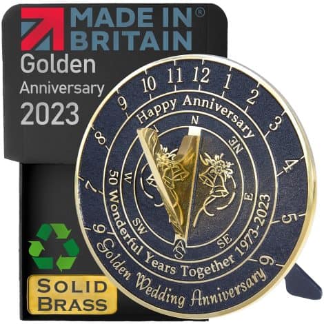 Handcrafted UK Home Decor: Golden Wedding Anniversary Sundial – 50th Anniversary Gift – Recycled Brass Garden Present. Ideal for Family, Friends.